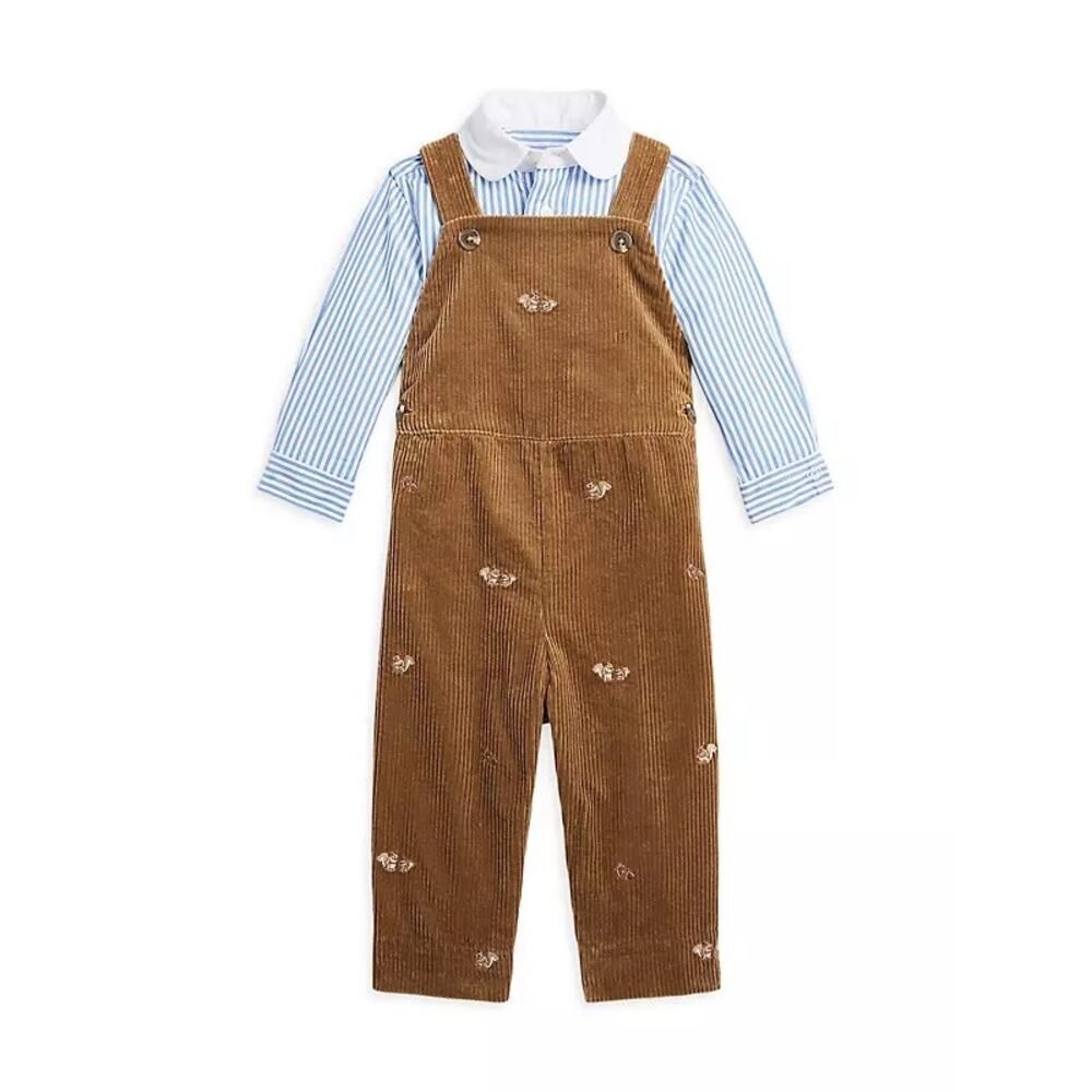 Polo Ralph Lauren Baby Boy Squirrel Corduroy Overalls With Button Down Size 24M
